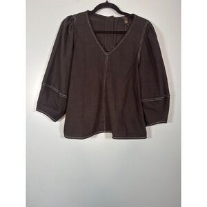 NWT Current Air Anthropologie Women's Black V Neck 3/4 Sleeve Top Stitching M